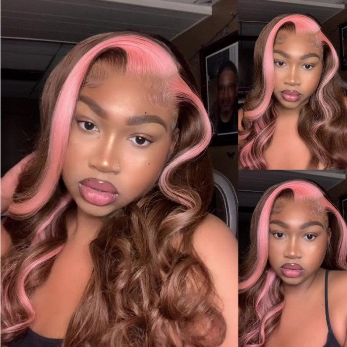 Strawberry Pink & Chocolate Skunk Stripe Color Wig Straight and Body Wave 13*4 Lace Front Wig