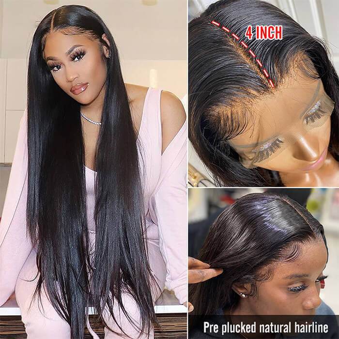 Straight 13*4 HD Lace Human Hair Wigs Transparent Glueless Lace Front Wig With Pre Plucked