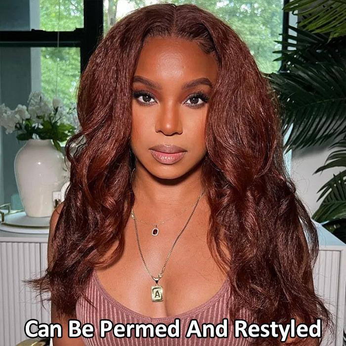 #33 Red Brown Auburn Colored Kinky Straight 13x6 HD Transparent Lace Frontal Wigs