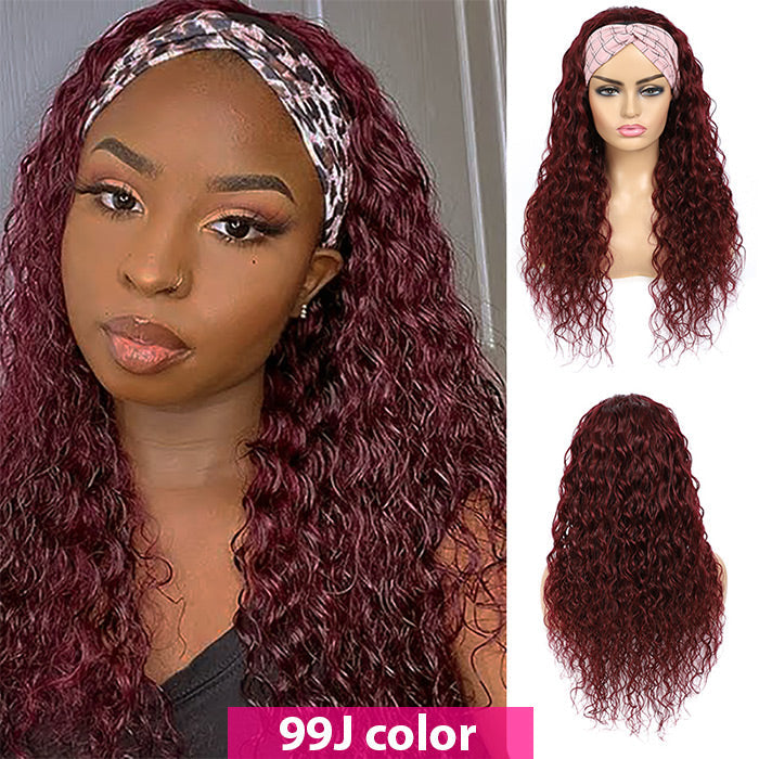 99J Burgundy Color Headband Wigs Deep Wave Human Hair