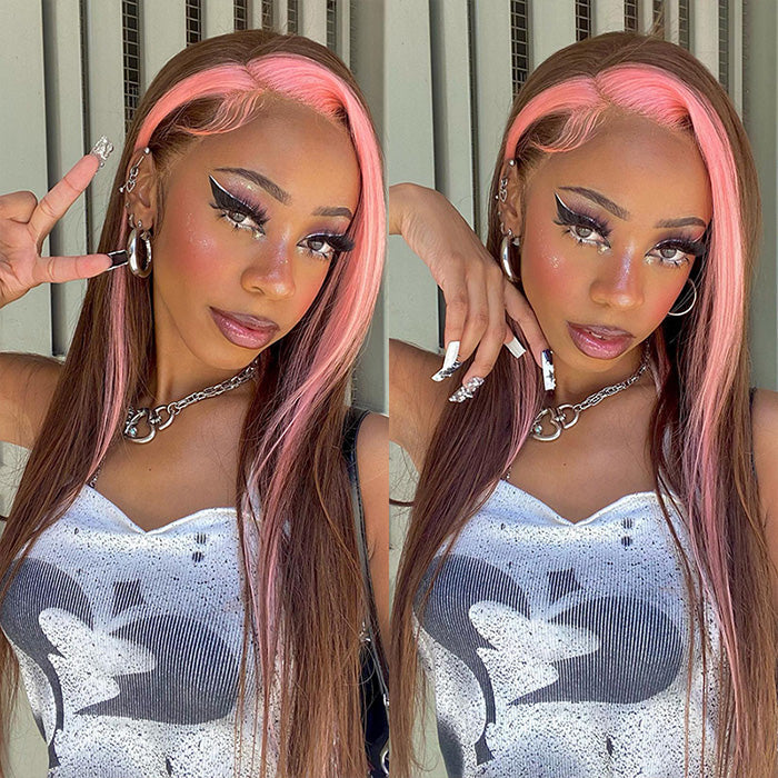 Strawberry Pink & Chocolate Skunk Stripe Color Wig Straight and Body Wave 13*4 Lace Front Wig