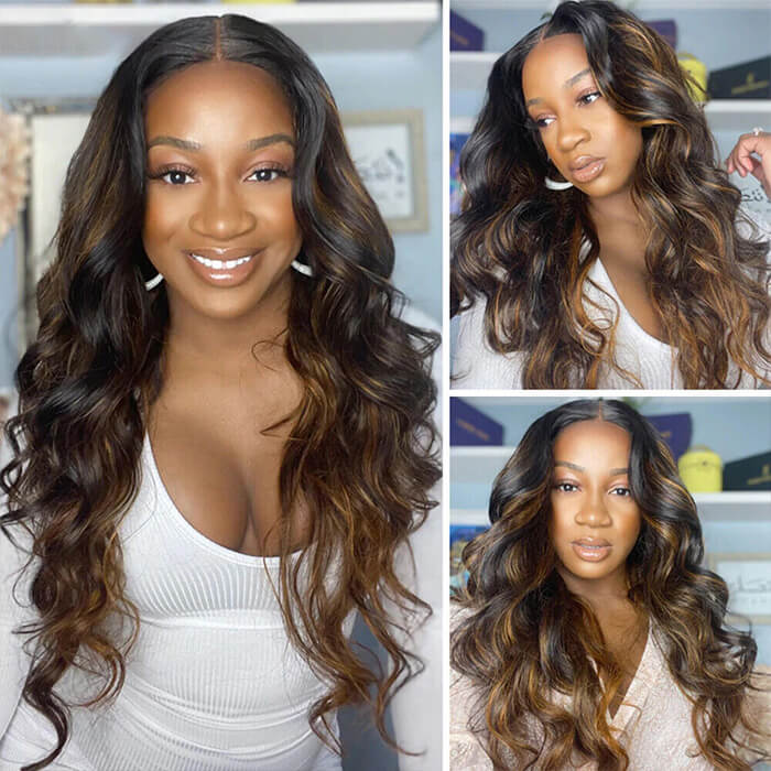 P1b/30 Balayage Highlight Body Wave Wig 13x6 Transparent Lace Front Human Hair Wigs