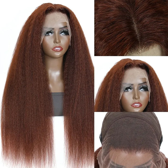 #33 Red Brown Auburn Colored Kinky Straight 13x6 HD Transparent Lace Frontal Wigs