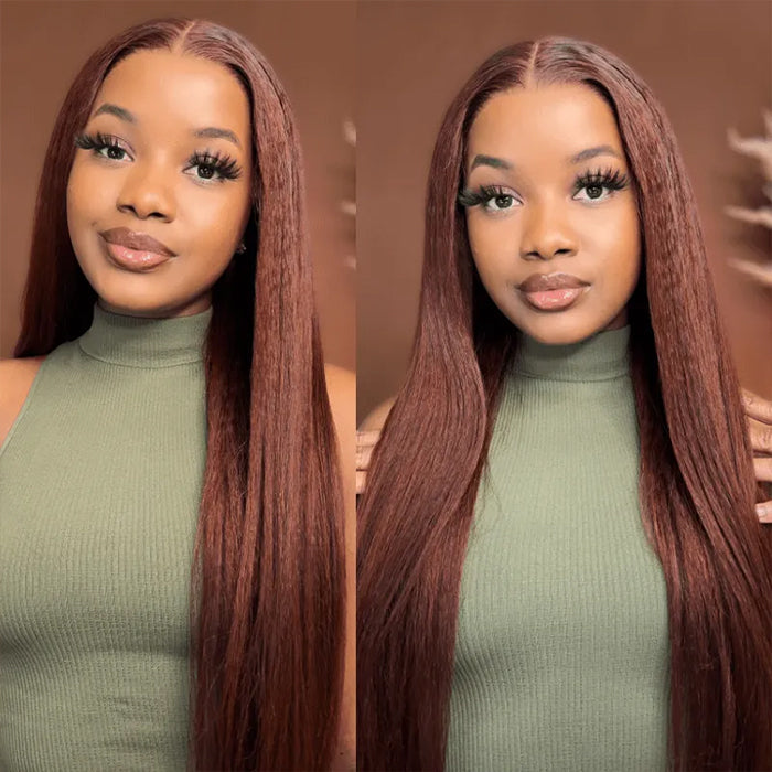 #33 Red Brown Auburn Colored Kinky Straight 13x4/5x5 HD Transparent Lace Frontal Wigs