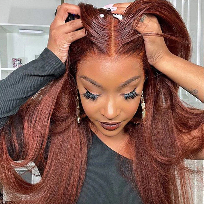 #33 Red Brown Auburn Colored Kinky Straight 13x6 HD Transparent Lace Frontal Wigs