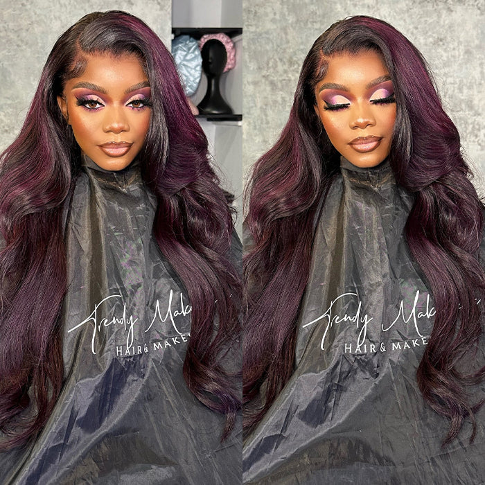 Balayage Purple Highlight Lace Front Wigs 13x4 Transparent HD Lace Human Hair Wigs