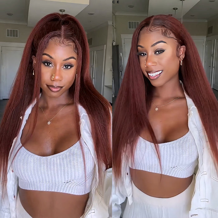 #33 Red Brown Auburn Colored Kinky Straight 13x4/5x5 HD Transparent Lace Frontal Wigs