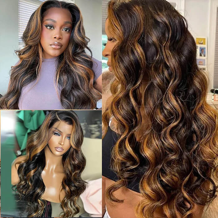 P1b/30 Balayage Highlight Body Wave Wig 13x6 Transparent Lace Front Human Hair Wigs