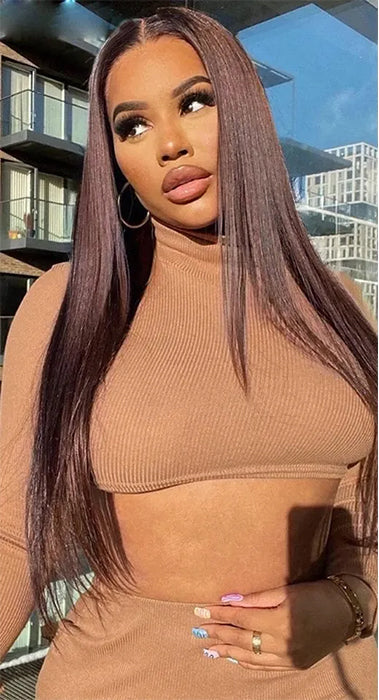 #4 Chocolate Brown Straight V/U Part Wig No Leave Out Glueless Human Hair Wigs Beginner Friendly