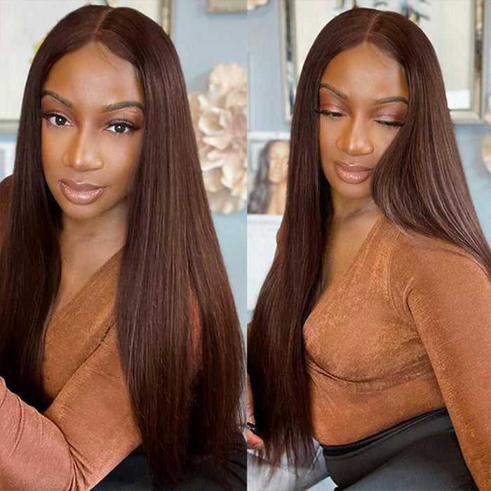 #4 Chocolate Brown Straight V/U Part Wig No Leave Out Glueless Human Hair Wigs Beginner Friendly