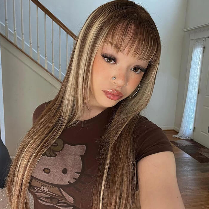 4/27 Honey Blond Highlight Straight Human Hair Wig With Bangs Virgin Human Hair Lace Front Wigs