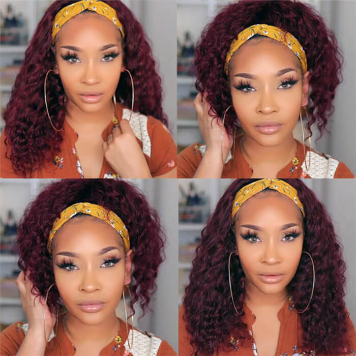 99J Burgundy Color Headband Wigs Deep Wave Human Hair