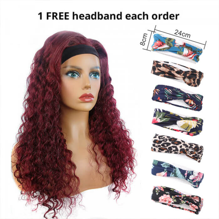 99J Burgundy Color Headband Wigs Deep Wave Human Hair