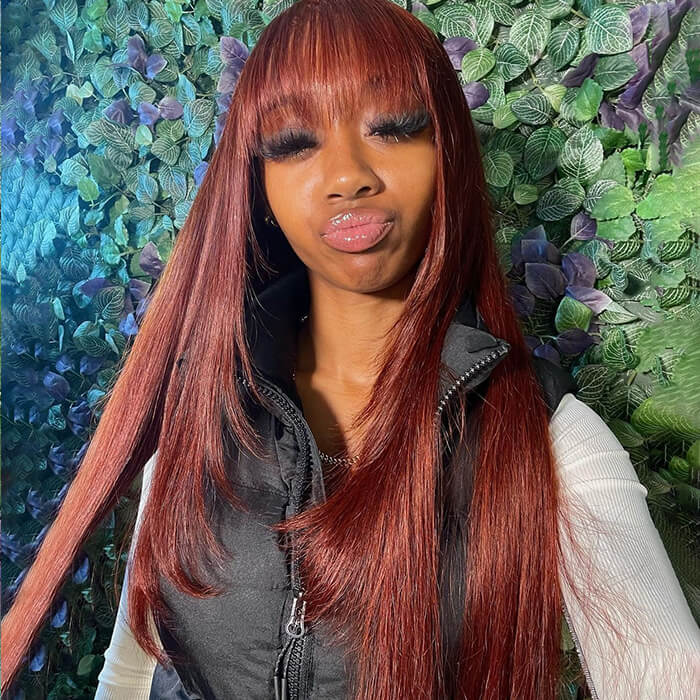 Reddish Brown Straight 13x4 Lace Front Wig With Bangs Machine Made Human Hair Wig Easy to Go