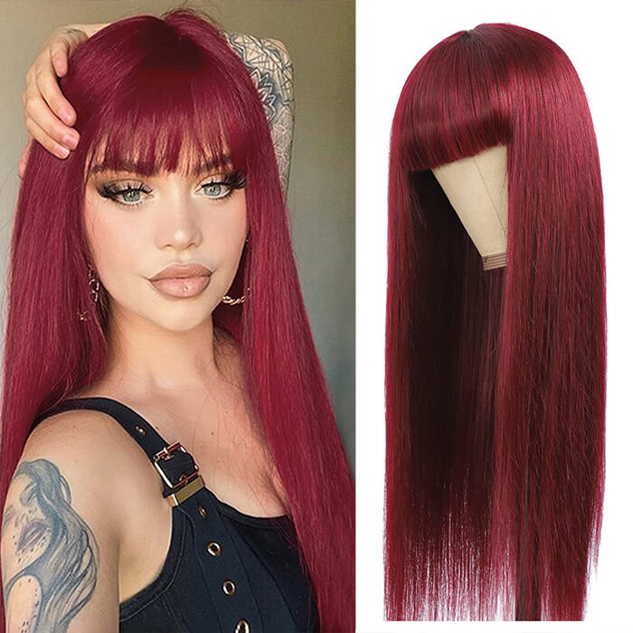 Burgundy 99J Silk Straight Human Hair Wig with Bangs Glueless Top 2x4 Lace Wig Fringe Style