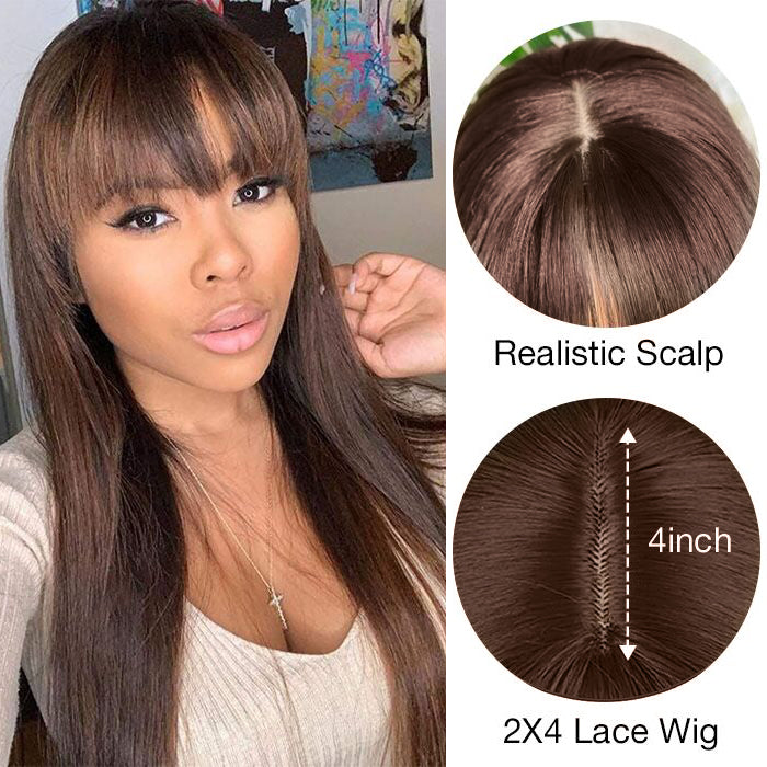 #4 Chocolate Brown Straight Wig With Bangs Glueless Top 2x4 Lace Wig With Bangs