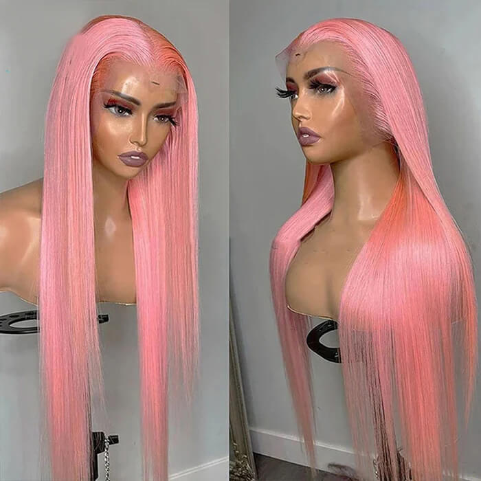 13x4 HD Lace Frontal  Human Hair Wigs Straight Pink Color Wig For Women Pre Plucked Bleached Knots