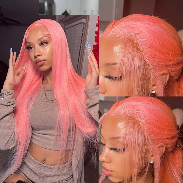 13x4 HD Lace Frontal  Human Hair Wigs Straight Pink Color Wig For Women Pre Plucked Bleached Knots