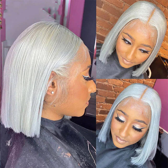 Grey 13x4 Lace Front Human Hair Wigs  Straight Colored Sliver Bob Lace Wigs For Black Women Pre Plucked 150%