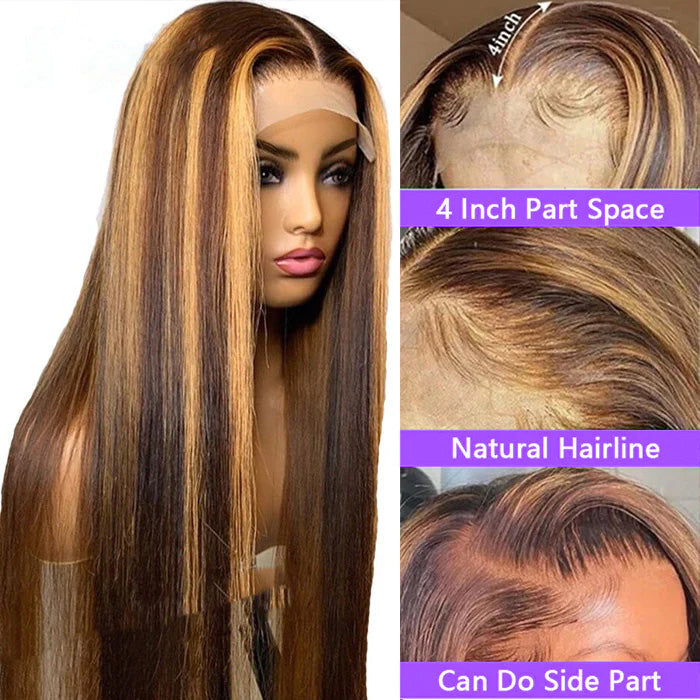 4/27 Highlight Brown Straight Wig 4x4 13x4 13x6 HD Lace Front Wigs Honey Blonde Human Hair Wigs