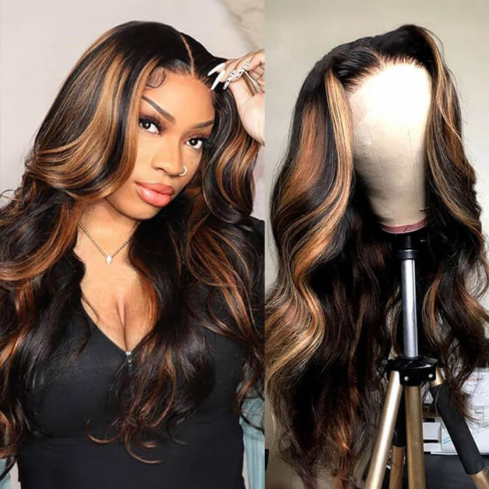 P1b/30 Balayage Highlight Body Wave Wig 13x6 Transparent Lace Front Human Hair Wigs