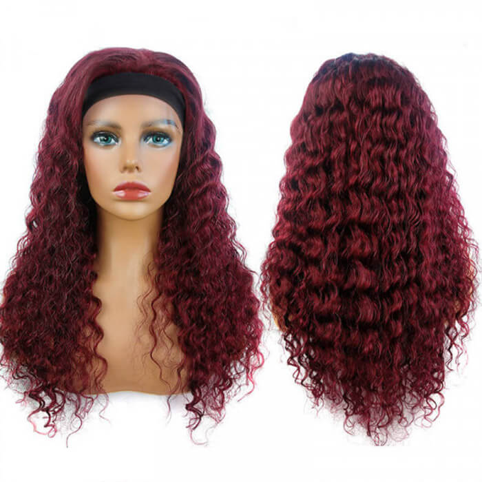 99J Burgundy Color Headband Wigs Deep Wave Human Hair