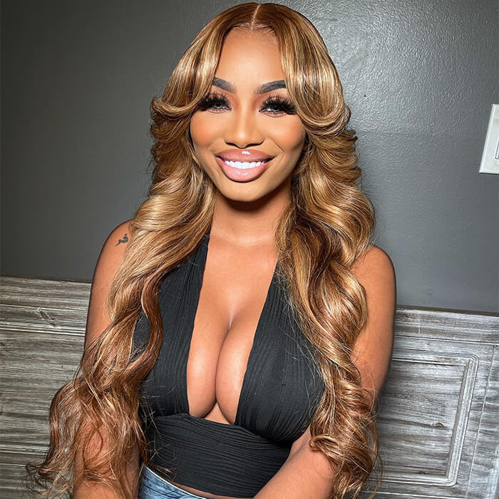 Curtain Bangs Body Wave Human Hair Wig Blonde Highlight 13x4 HD Lace Frontal Wig