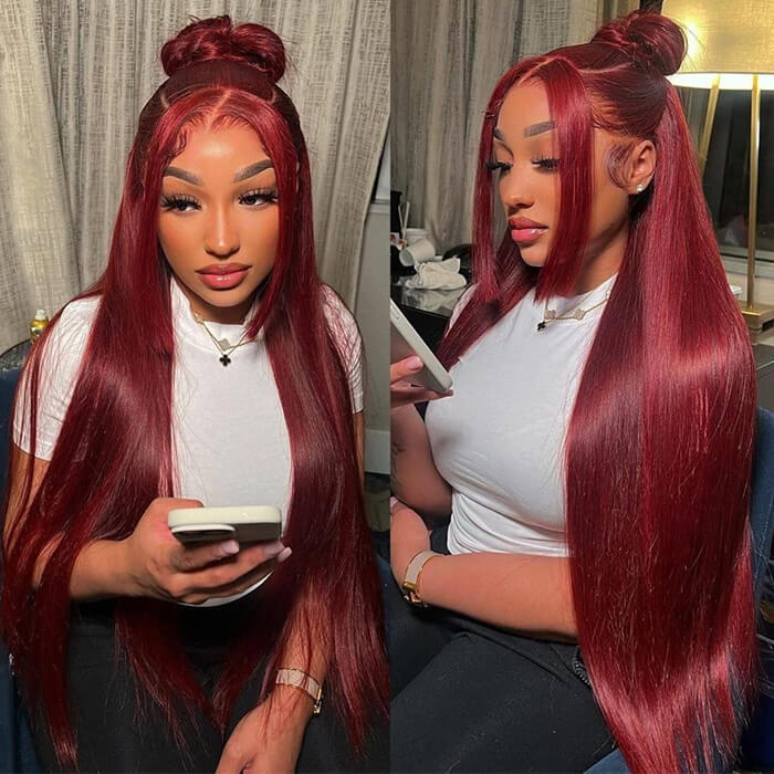 99J Straight/Body Wave 13x4 Burgundy HD Lace Front Pre Plucked Colored Human Hair Wigs for Women