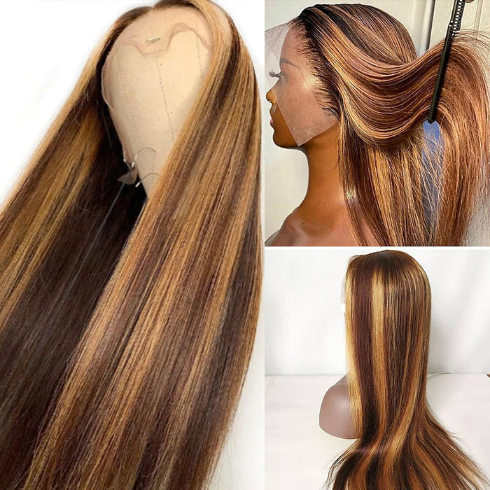 4/27 Highlight Brown Straight Wig 4x4 13x4 13x6 HD Lace Front Wigs Honey Blonde Human Hair Wigs