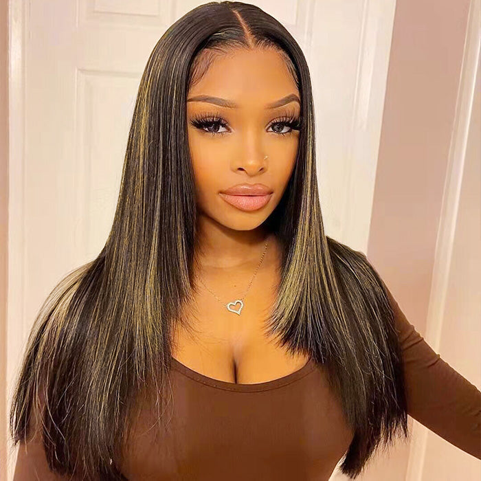 Layered Cut #1B/27 Blonde Highlights Pre Plucked 13x4 HD Lace Frontal Wig Straight Human Hair Wigs