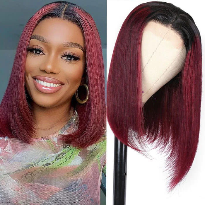 1B/99J Burgundy Ombre Short Straight Bob Wigs Human Hair With Pre Plucked Hairline