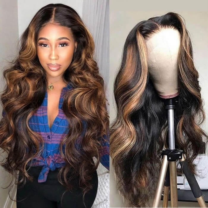 Body Wave 13x6 Transparent Lace Front Human Hair Wigs Pre Plucked Honey Blonde Highlight Wigs With Baby Hair