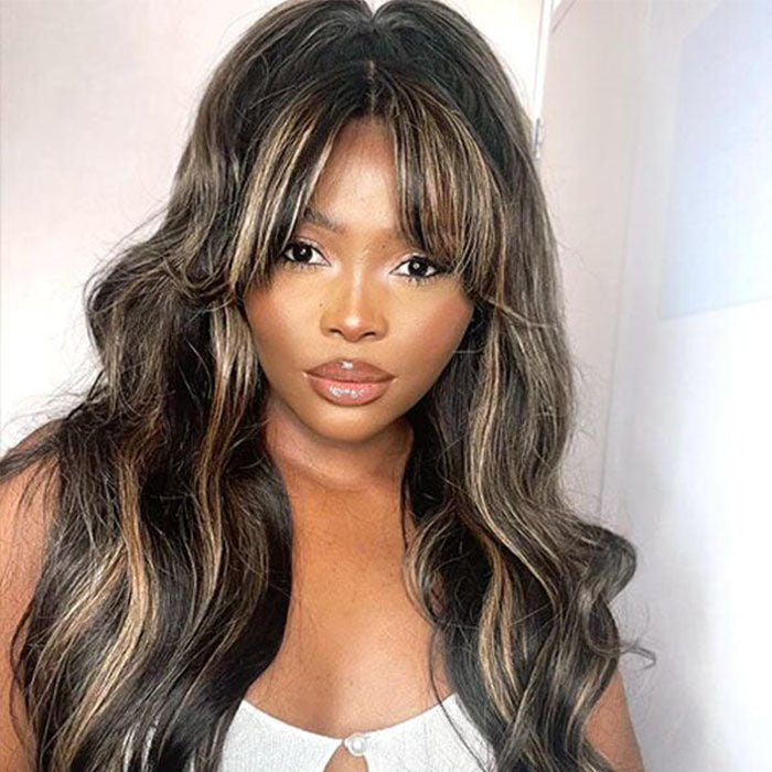 Highlights Wig with Bangs Body Wave Wig 8x5 Pre Cut HD Lace Glueless Wig Throw on & Go