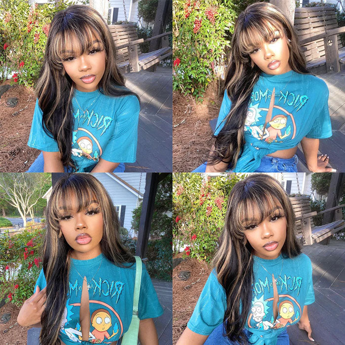 Highlights Wig with Bangs Body Wave Wig 8x5 Pre Cut HD Lace Glueless Wig Throw on & Go