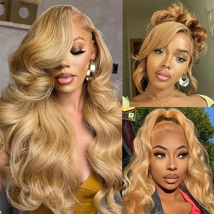 #27 Honey Blonde Color 360 Lace Frontal Wigs Glueless HD Lace Wigs With Pre Plucked