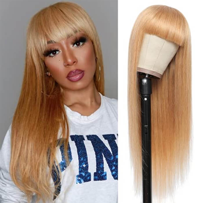 #27 Honey Blonde Human Hair Wigs with Bangs 13x4 HD Lace Wig/Full Machine Made Wig With Bangs