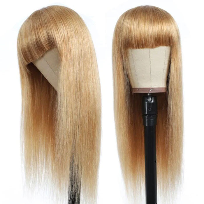 #27 Honey Blonde Human Hair Wigs with Bangs 13x4 HD Lace Wig/Full Machine Made Wig With Bangs