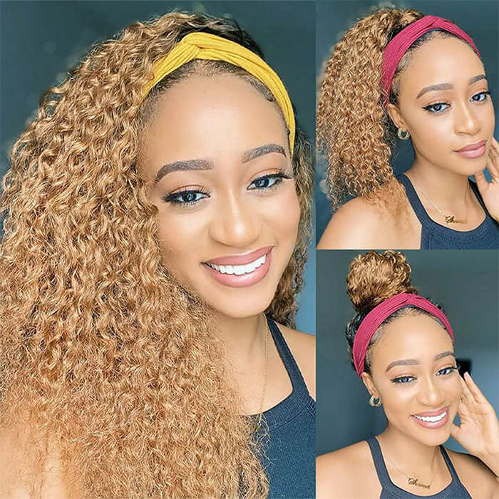 #27 Honey Blonde Headband Wigs Deep Wave Virgin Human Hair