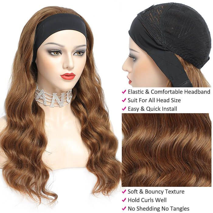 #30 Chestnut Brown Headband Wigs Straight/Body Wave Human Hair Half Wigs with Various Headbands