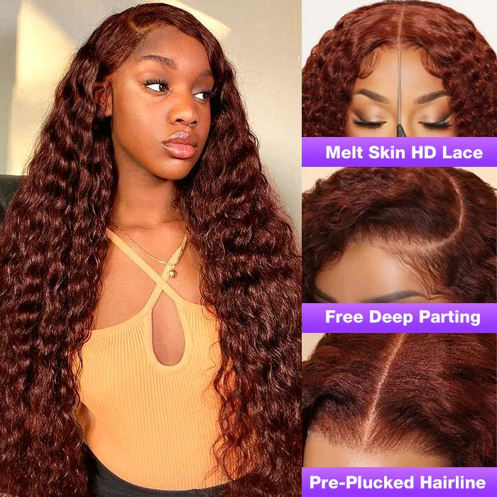 #33 Reddish Brown Color Water Wave 13x4 13x6 HD Lace Front Wigs Human Hair Pre Plucked