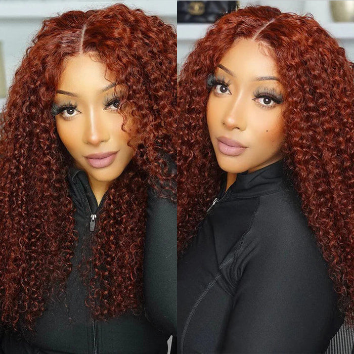 PartingPlus Glueless Curly Wig 8x5 Closure HD Lace 100% Human Hair Wig 33# Reddish Brown Color