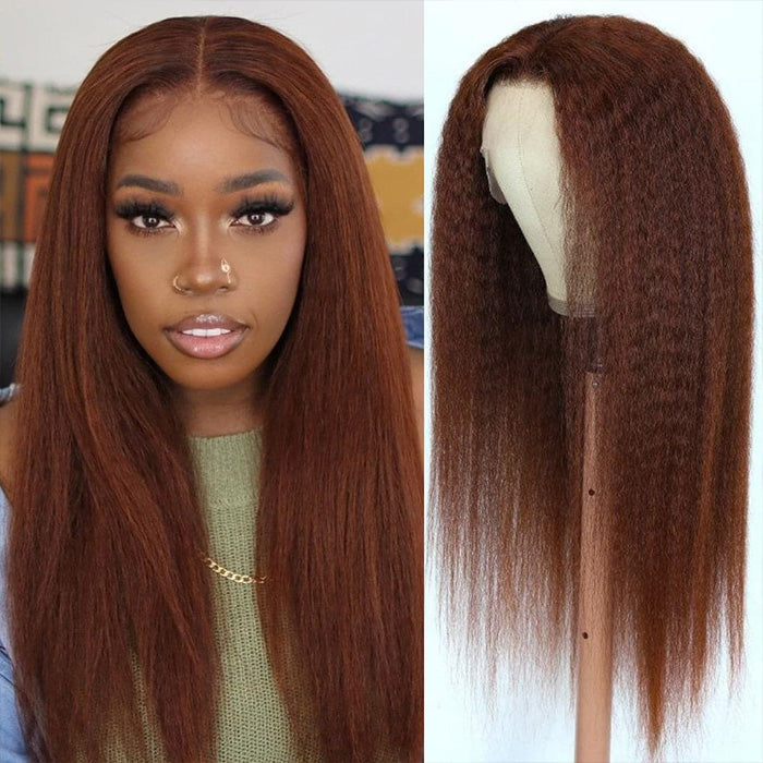 #33 Red Brown Auburn Colored Kinky Straight 13x6 HD Transparent Lace Frontal Wigs