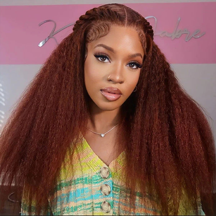 #33 Red Brown Auburn Colored Kinky Straight 13x4/5x5 HD Transparent Lace Frontal Wigs