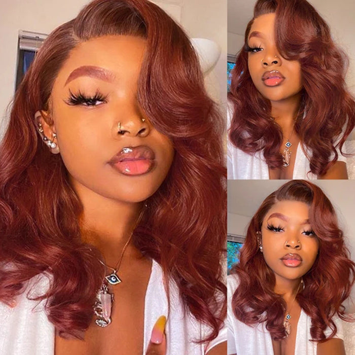 #33 Dark Auburn Color Short Bob Red Brown Wig 13x4/4x4 Bob Lace Frontal Wigs 150% Density