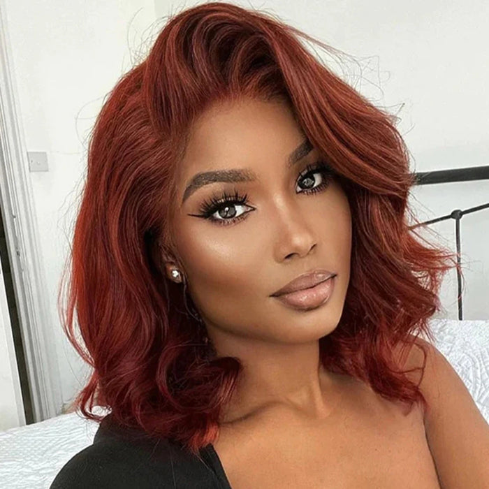 #33 Dark Auburn Color Body Wave 13x4/5x5 HD Lace Frontal Wigs Short Bob Red Brown Wig 150% Density