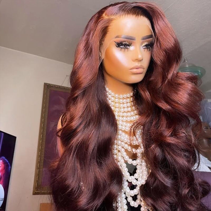 Reddish Brown Human Hair Body Wave Wigs 13X4 HD Lace Front Wigs Pre-Plucked Hairline