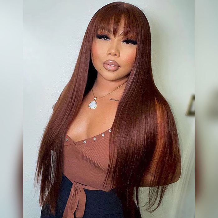 Reddish Brown Straight 13x4 Lace Front Wig With Bangs Machine Made Human Hair Wig Easy to Go