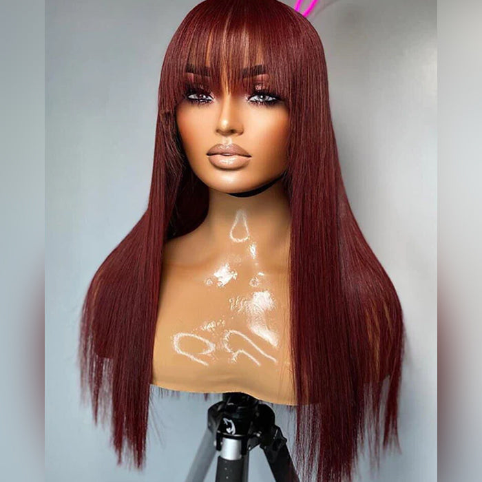 Reddish Brown Straight 13x4 Lace Front Wig With Bangs Machine Made Human Hair Wig Easy to Go