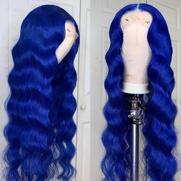 Long Soft Hair Blue Body Wave Wig For Women HD  Lace Front Wig Human Hair For Cosplay