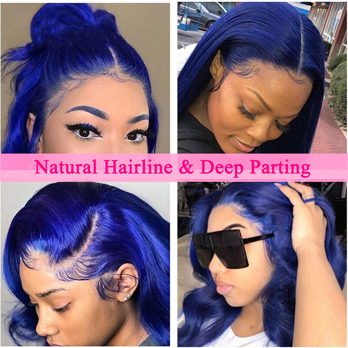 Long Soft Hair Blue Body Wave Wig For Women HD  Lace Front Wig Human Hair For Cosplay